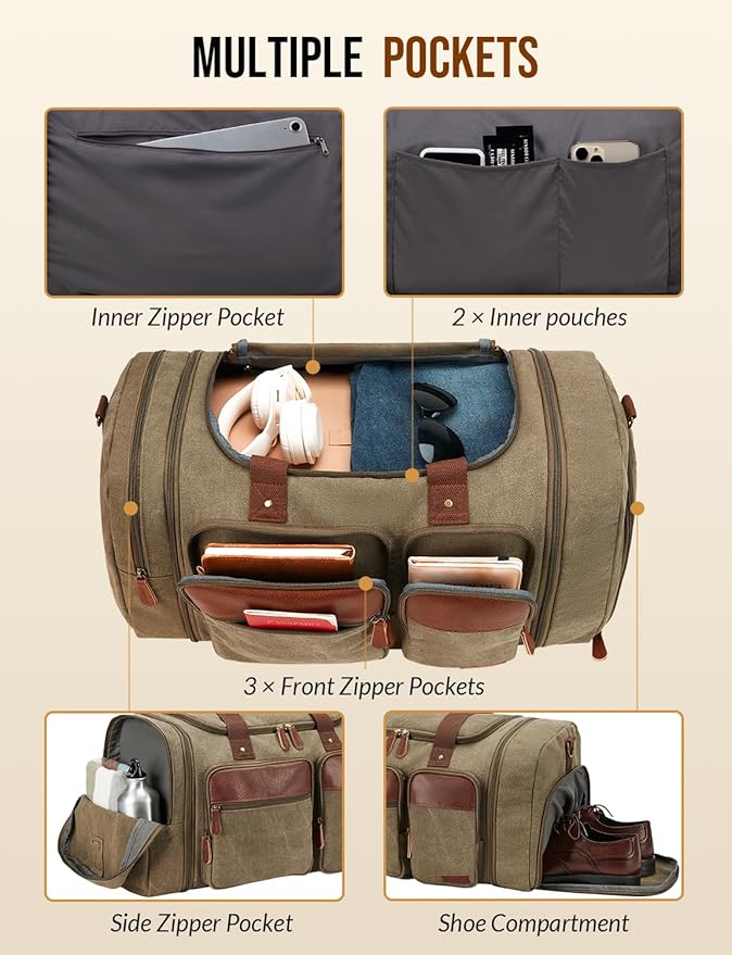 Canvas Duffle Bag for Travel 50L Expandable Travel Duffel Bags for Men Women Overnight Weekend Gym Bag with Shoes Compartment - Brown