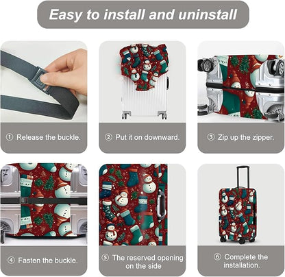 Christmas Luggage Cover - Allover Green Socks and White Snowmen Pattern on Dark Background, Stretchable Suitcase Protector for 28 30 Inch Travel Bags