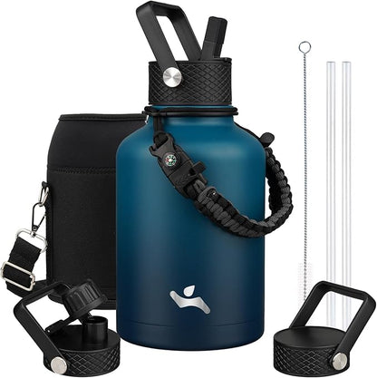 Insulated Water Bottle with Straw,50 oz 3 Lids Water Jug with Carrying Bag,Paracord Handle,Double Wall Vacuum Stainless Steel Metal Flask,Indigo Black