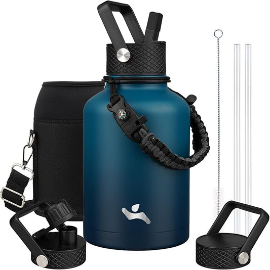 Insulated Water Bottle with Straw,50 oz 3 Lids Water Jug with Carrying Bag,Paracord Handle,Double Wall Vacuum Stainless Steel Metal Flask,Indigo Black