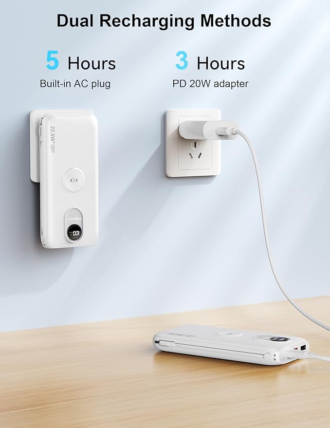 Portable Charger, 10000mAh 22.5W Fast Charging Power Bank with Built in Cable & Wall Plug, Travel Essential Battery Pack with LED Display, External Charger for iPhone, iWatch 11/10/9/8/Ultra/SE White