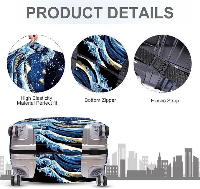 ANNA QUEEN Starry Ocean Wave Luggage Cover, Suitcase Protector with Artistic Van Gogh Style, Stretchable, Washable Travel Cover for 24-26 Inch Luggage