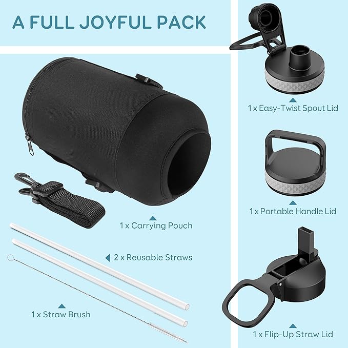 Coolflask Water Bottle 87 oz with Straw, 2/3 Gallon Insulated Stainless Steel 3 Lids Large Water Jug Wide Mouth for Sports or Office, Non-BPA Keep Cold Up to 48 Hrs or Hot Up to 24 Hrs, Piano Night