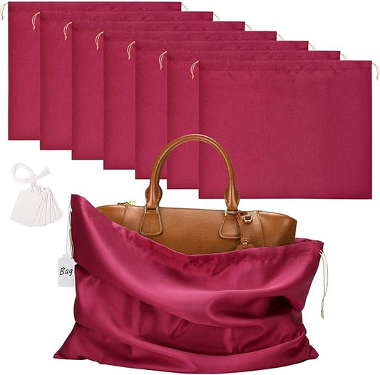 Ewen 7 Pack 19.6x15.7in Satin Drawstring Shoe Bags with Blank Tags, Dust Bags for Handbags Travel Essentials Storage, Dustproof Packing Bag Clothes Organizer for Closet and Home Organization, Wine Red