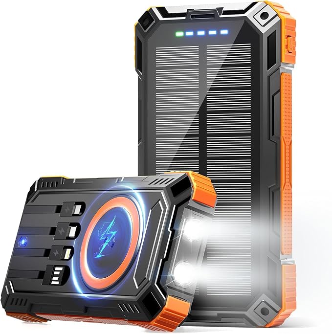 Solar Power Bank 49800mAh Wireless Portable Charger with USB-C 15W Fast Charging with 4 Built-in Cables LED Flashlight Battery Pack Compatible with iPhone, iPad, Smartphone,Perfect for Camping, Hiking