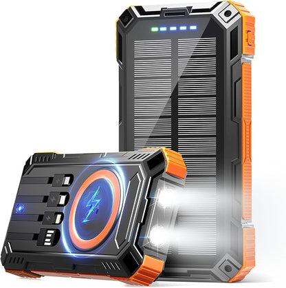 Solar Power Bank 49800mAh Wireless Portable Charger with USB-C 15W Fast Charging with 4 Built-in Cables LED Flashlight Battery Pack Compatible with iPhone, iPad, Smartphone,Perfect for Camping, Hiking