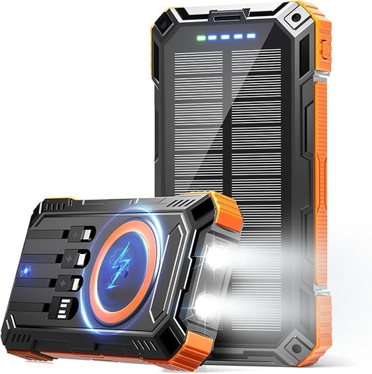 Solar Power Bank 49800mAh Wireless Portable Charger with USB-C 15W Fast Charging with 4 Built-in Cables LED Flashlight Battery Pack Compatible with iPhone, iPad, Smartphone,Perfect for Camping, Hiking