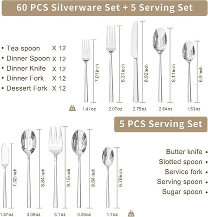KINGSTONE 65-Piece Silverware Set with Serving Utensils, Forged Flatware Set Cutlery Set Premium Stainless Steel, Service for 12, for Home, Wedding, Party, Mirror Polished and Dishwasher Safe