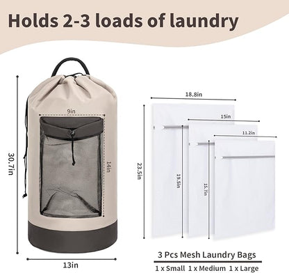 Laundry Bag Backpack with 3 Sizes Mesh Wash Bags and Shoulder Straps Foldable Clothes Hamper Bag with Drawstring Closure for College, Apartment, Laundromat (Grey)