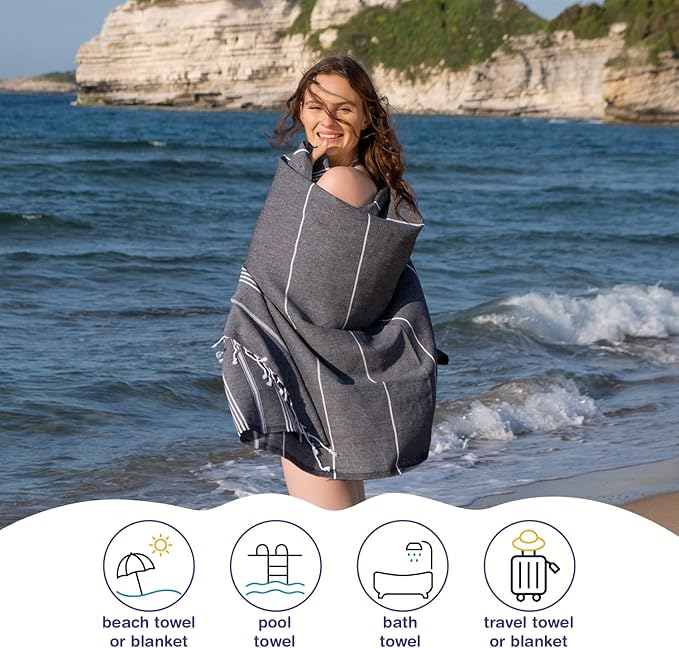 Turkish Beach Towels, Pack of 2 | Oversized, Quick Dry, Sand Free | 100% Cotton, Large 38x71 Towels for Beach, Pool, Travel | Ultra-Soft, Compact, and Absorbent | Black