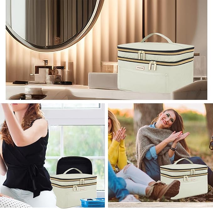 8.8L Double Layer Travel Makeup Bag Women, Large Cosmetic Case, Organizer for Travel-Size Accessories Bottles, Brushes, and Skin Care Products, Beige 2.33 GAL