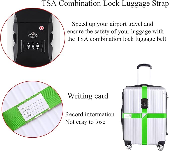 Luggage Straps for Suitcases TSA Approved Heavy Duty Adjustable Travel Belt Cross Suitcase Belts Luggage Tags with Name ID Card Travel Accessories Fit for 20-32 Inch Suitcase (Green)