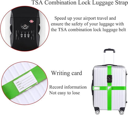 Luggage Straps for Suitcases TSA Approved Heavy Duty Adjustable Travel Belt Cross Suitcase Belts Luggage Tags with Name ID Card Travel Accessories Fit for 20-32 Inch Suitcase (Green)