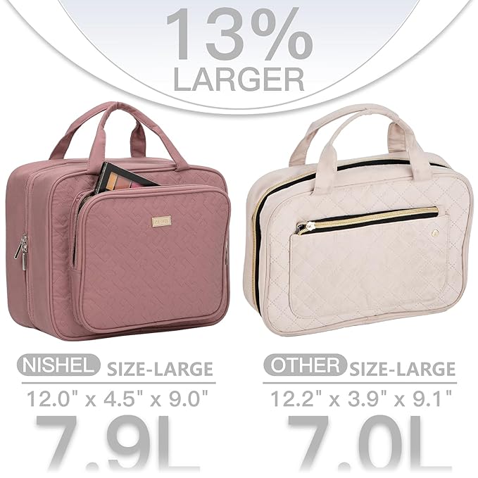 NISHEL Travel Toiletry Bag for Women Large Capacity, Makeup Essentials Organizer, Hanging Case for Accessories, Cosmetics, Rosewood-Pink