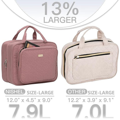 NISHEL Travel Toiletry Bag for Women Large Capacity, Makeup Essentials Organizer, Hanging Case for Accessories, Cosmetics, Rosewood-Pink