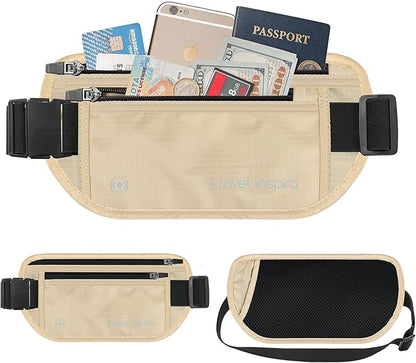 travel inspira Travel Money Belt with Slim Anti-Theft RFID Blocking Passport Holder for Travel Concealed under Clothes for Ultimate Protection of Credit Cards, Cash, Passport & Documents, Beige