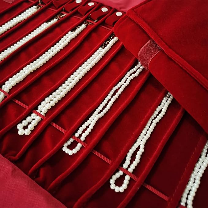 Portable Jewelry Roll Untangled Secure Necklace Travel Storage Bag Displays Holder 16 Chain (Burgundy)