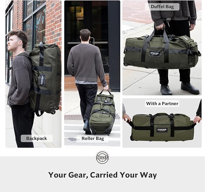 STOVER 100L Rolling Duffel Bag with Wheels, X-Large Durable Travel Duffle + Toiletry Bag, Heavy Duty, Packable with Shoulder Straps- Use as Luggage or Backpack, Men/Women (Green)