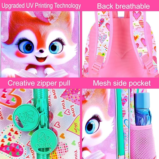 WZLVO 3PCS Girls Fox Backpack Set, 16" Glittery UV Printing Kids Bookbag/School Bag with Lunch Box & Pencil Bag for Preschool to Elementary - Reading Fox Pink