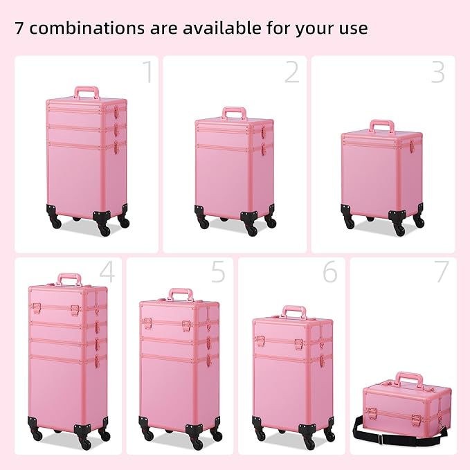 Makeup Train Case, Rolling Makeup Case with Lid, 5 in 1 Cosmetology Case on Wheels, Christmas Gift, Large Makeup Case Organizers, Profesional Cosmetic Case for Salon Barber, Pink