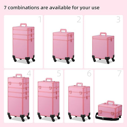 Makeup Train Case, Rolling Makeup Case with Lid, 5 in 1 Cosmetology Case on Wheels, Christmas Gift, Large Makeup Case Organizers, Profesional Cosmetic Case for Salon Barber, Pink