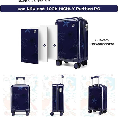 Somago 4 Piece Kid's Luggage with Backpack Set for Boys Girls Spinner 18" Hardside PC Rolling Carry on Suitcase with TSA Lock (Seashell Navy)