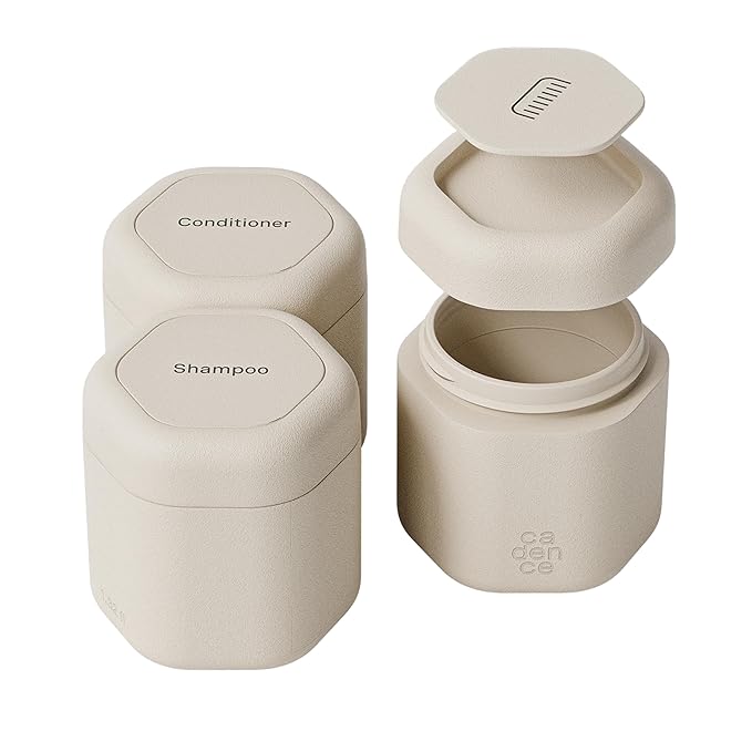 Cadence Travel Containers Haircare Capsule Set - Magnetic Containers with Lids,Carry On Travel Essentials For Women/Men - 3 Flex Mediums (1.32oz) - Shampoo, Conditioner & Comb Icon Labels - Sand