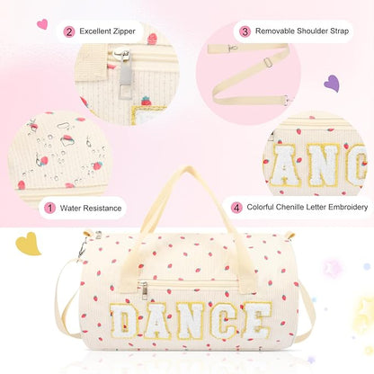 Dance Bag for Girls, KUIRAN 23L Waterproof Travel Duffel Bag with Colorful Chenille Letter, Lightweight Small Gym Sport Ballet Weekender Bag with Large Main Compartment - Strawberry/White
