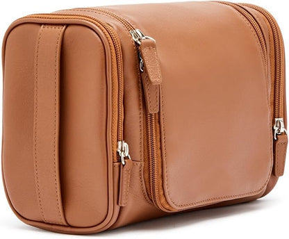 Leatherology Cognac Small Hanging Toiletry Kit – Compact Leather Travel Organizer with Interior Zip Pockets, Mesh Pouches & Hanger | Full-Grain Leather Toiletry Bag for Men & Women
