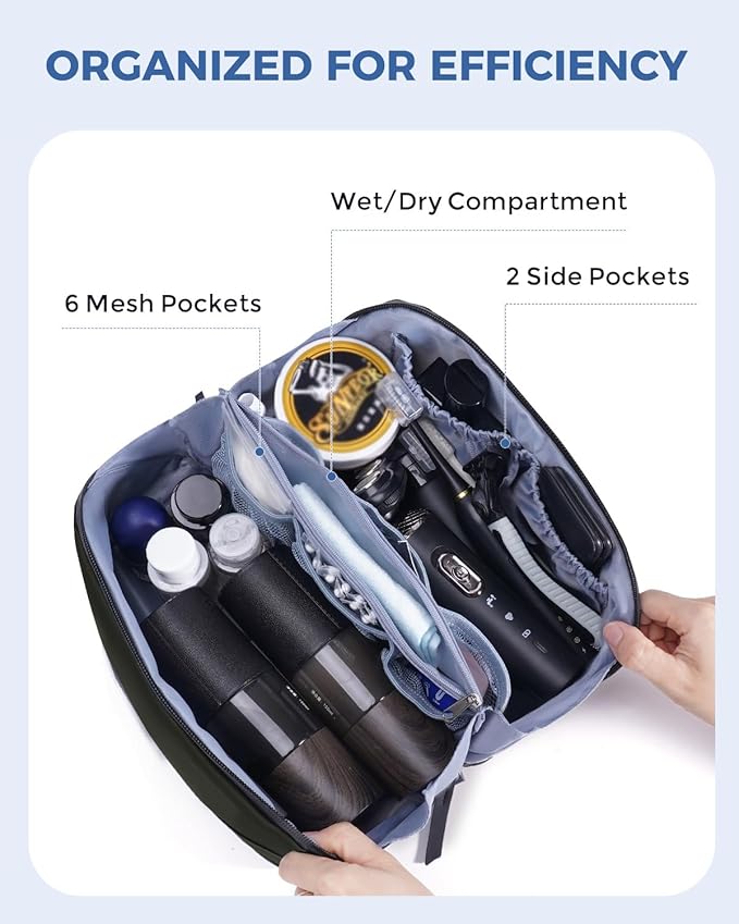 WANDF Toiletry Bag for Men, PU Leather Travel Organizer with Detachable Waterproof Hanging Pouch, Open-Flat Dopp Kit Shaving Bag with Wet Pocket for Travel Toiletries Accessories (Army Green)
