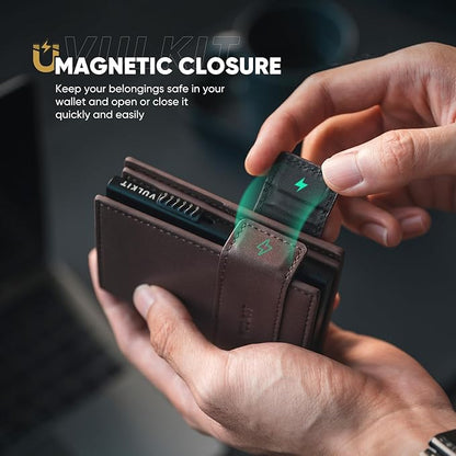 VULKIT Card Holder Bifold Pop Up Leather Wallet for Men RFID Blocking Metal Card Case, Holds 9 Cards and Banknotes Espresso