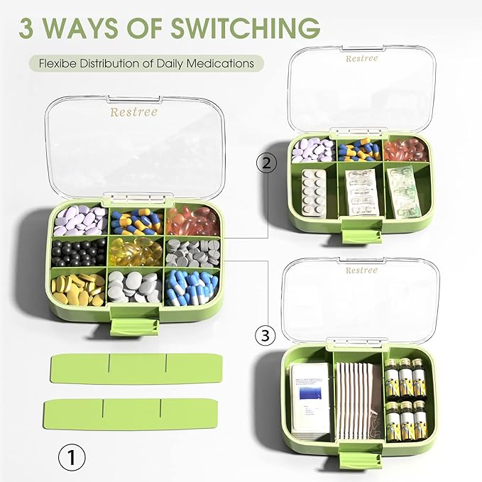 Restree Large Pill Organizer, Moisture Proof & Waterproof Travel Pill Case, Portable Medication Box with Adjustable Dividers for Vitamins Supplements Fish Oil and Daily Pills 9 Compartments (Green)