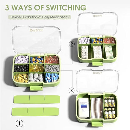 Restree Large Pill Organizer, Moisture Proof & Waterproof Travel Pill Case, Portable Medication Box with Adjustable Dividers for Vitamins Supplements Fish Oil and Daily Pills 9 Compartments (Green)