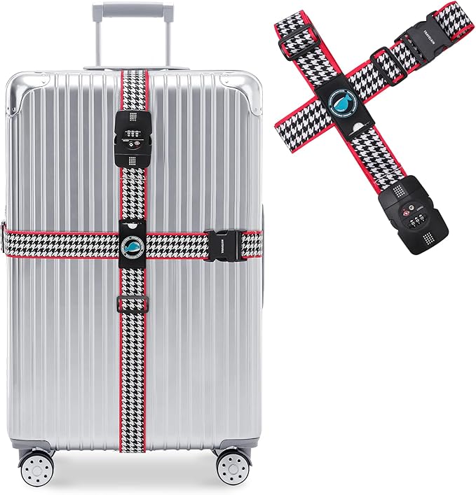Travelkin Luggage Straps TSA Approved - Adjustable Cross Suitcase Straps with TSA Lock, Reinforced Buckle, Unique Pattern - Secure Heavy Duty Luggage Straps for Travel (Houndstooth)