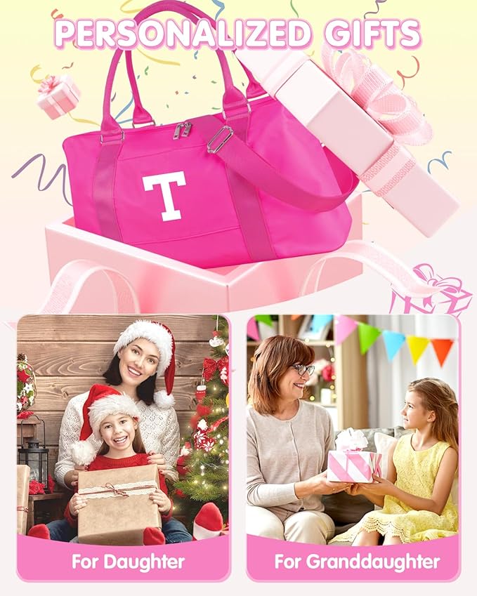 Overnight Bag for Kids Teen Girls Weekender Dance Bag Birthday Graduation Gifts,Initial Travel Duffel Bag Sports Gym Bag Personalized Weekender Bag Carry On Bags Preppy Gifts for Women(Hot Pink, T)