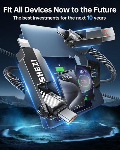 SHEZI Nylon Braided 4 in 1 USB C Cable 240W 5FT Compatible with Lightning Cable, Fast Charging for iPhone/iPad Charger Cord [480Mbps Data Sync],Multi Charging Cable with Type C/USB A, Grey