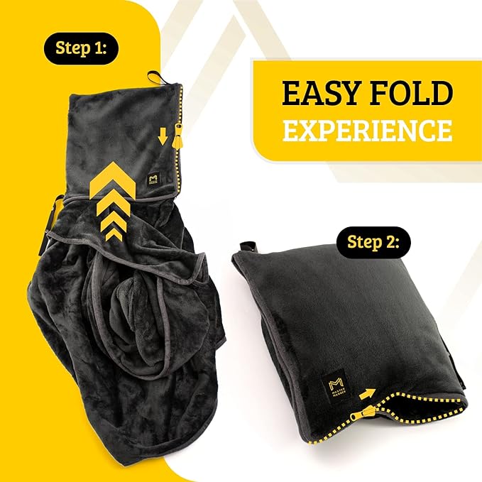 Travel Blanket Airplane Compact with Hoodie – 2in1 Airplane Travel Accessories from Plane Blanket to Travel Pillow with Luggage Strap, Soft Handle & Secure Pocket