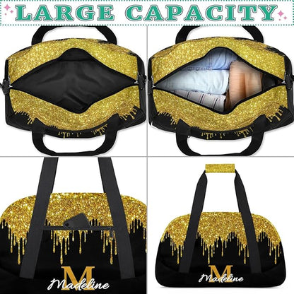 Personalized Kids Sports Duffel Bag with Name Custom Weekender Overnight Bag for Boys Girls Gym Bag Travel Dance Gymnastics Duffel Bag, Golden Glitter