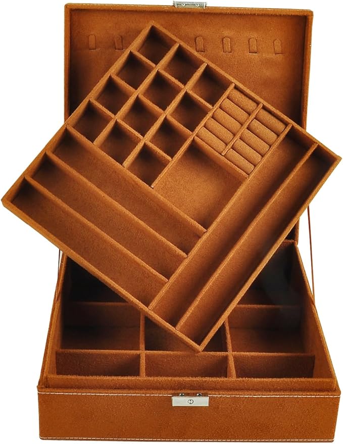 Jewelry Boxes 10 x 10 Inches 2-layer Handle Necklace Holder Organizer Jewellery Women Rings Storage Display Girls Earrings Case Lockable Jewelry Tray GY641 (Caramel)