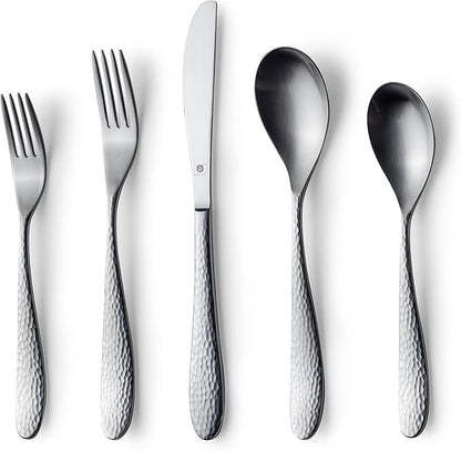 Matte Silverware Set, 18/10 Stainless Steel Satin Flatware, Modern Brushed Finish Cutlery, Dishwasher Safe & Durable, Built to Last (60-Piece, Marettimo Hammered)