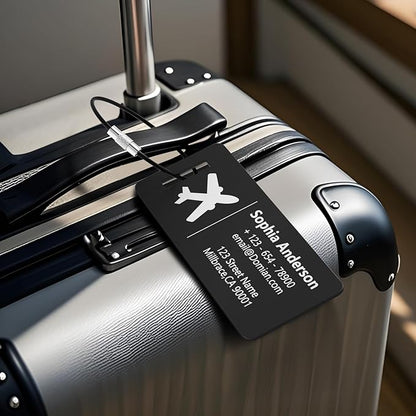 4 Personalized Metal Luggage Tags, Laser Engrave Name and Logo, Custom Aluminum Suitcase Tags with Steel Ring, for Travel, Backpack, Baggage (Black)