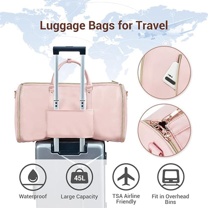 Garment Bags for Travel, Convertible Suit Travel Bag for Women, Stylish Carry On Garment Bag with Toiletry Pocket, Shoulder Strap and Shoes Compartment, 2 in 1 Foldable PU Leather Duffle Bag, Pink