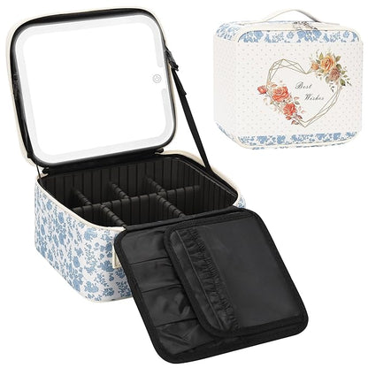 Relavel Travel Makeup Bag with LED Mirror, Portable Cosmetic Train Case with 3 Color Lighted Brightness Mirror, Makeup Artist Organizer Storage with Adjustable Dividers Make Up Box - Blue Flower