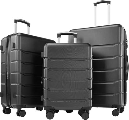 OLIXIS 3-Piece Luggage Set, 20/24/28 Inch Hardside Suitcases with Spinner Wheels, Lightweight ABS Hard Shell Travel Luggage, TSA Approved Lock, Expandable Carry-On & Checked Luggage–Black
