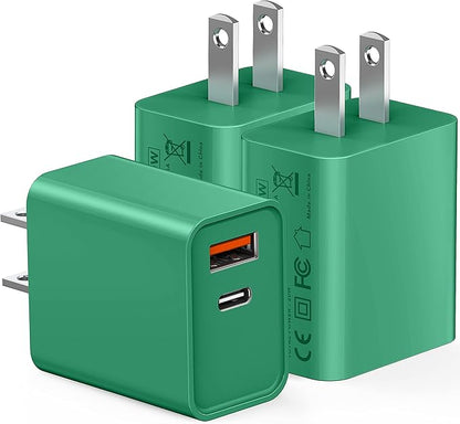 20W USB C Fast Charger, 3Pack Durable Dual Port PD 3.0 with USB A Wall Charger Block for iPhone, iPad Pro, AirPods Pro, Samsung Galaxy, Motorola, LG, Google Pixel Brick Plug Power Adapter(Green)