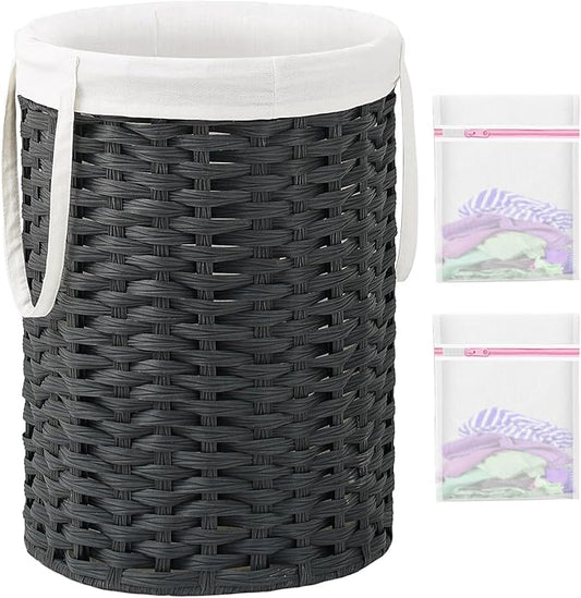 Laundry Hamper Laundry Basket Round 19.0 Gal (72 L) Handwoven Rattan Laundry Basket, Large Wicker Laundry Hamper with Removable Laundry Bag Handles 2 Mesh Bags for Bathroom Living Room Black