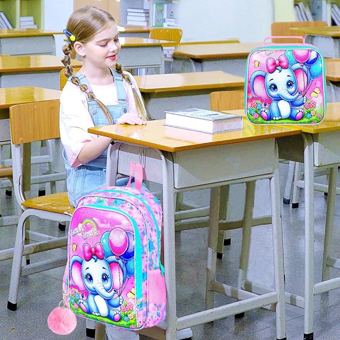 WZLVO 3PCS Backpack for Girls, 16'' Kids Elephant Bookbag with Lunch Box, Cute Animal Water Resistant School Bag Set for Elementary Kindergarten Preschool
