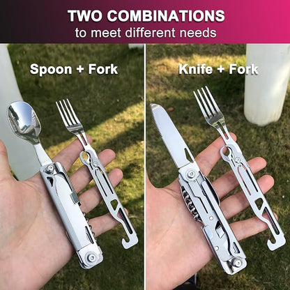 6 in 1 Detachable Camping Utensils Flatware Set, Multifunction Travel Pocket Cutlery Folding Spoon, Fork, Knife, Wine Bottle Can Opener Portable Combo Set Stainless Steel