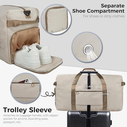 Fmeida 65L Duffle Bag with Shoes Compartment, Foldable Travel Duffel Bags for Men Women, Large Packable Travel Bag Water Repellent & Tear Resistant (Beige)
