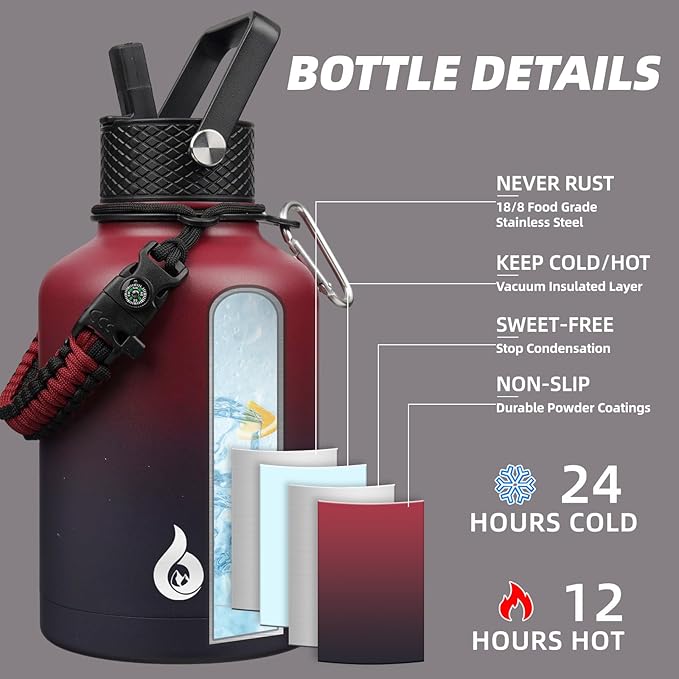 BJPKPK Insulated Water Bottles with Straw Lid, 50oz, 64oz, 87oz, 128oz Large Water Bottle with 3 Lids and Paracord Handle, Stainless Steel Metal Water Bottle, Insulated Water Jug,Charming Red